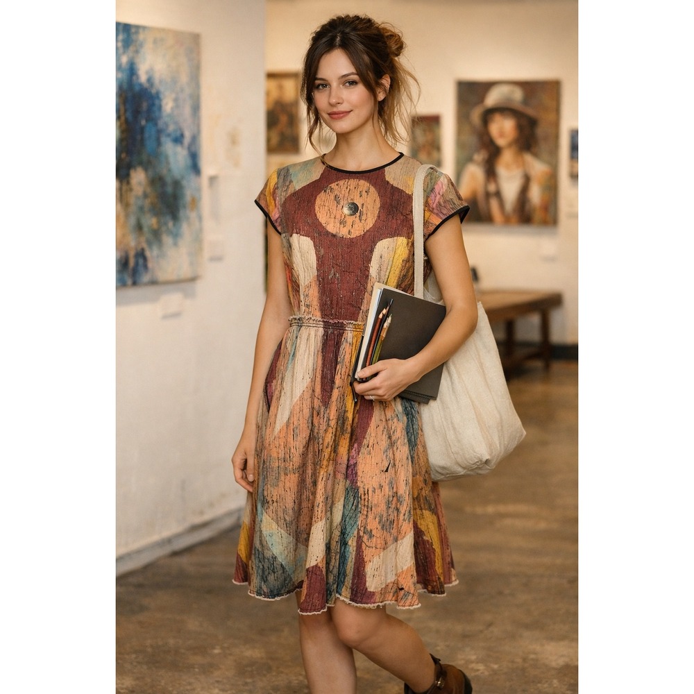Making the Cut Womens Abstract Art Print Cap Sleeve‎ Fit Flare Dress Large J2